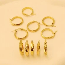 PMKMKM 6 Pairs Of Simple Stainless Steel 18K Gold Plated Round Earrings With Various Patterns - Gold - View 8