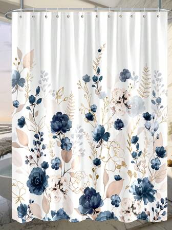 Cortina de ducha floral elegante con flores azules acuarela para baño, cortinas de ducha decorativas para granjas y jardines, pantalla de bañera floral, juego de cortina de ducha de tela impermeable con 12 ganchos de plástico (72 * 72 pulgadas / 182 * 182 cm)