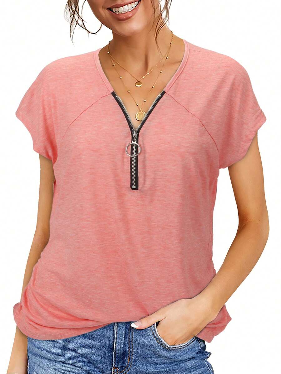 Women's Casual Zipper V Neck Short Sleeve Tunic Tops Loose Fitting Summer Dressy T Shirts Blouse Basic Tee - 粉色 - 查看 1