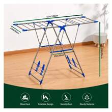 Clothes Drying Rack, 2 Tier Stainless Steel Laundry Drying Rack With Sock Clips, Foldable Standing Drying Rack Clothing With Height Adjusted , Space Saving Indoor Outdoor, Silver Blue.