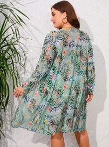 Conjunto de traje de baño estampado tropical de talla grande top de tirantes con cordón y kimono de verano para mujer moda 3 piezas
