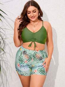 Conjunto de traje de baño estampado tropical de talla grande top de tirantes con cordón y kimono de verano para mujer moda 3 piezas
