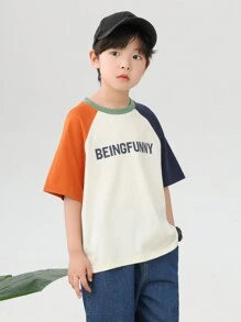 zosee Kleine Jungen Sommer 2024 neues Kontrastfarben Kurzarm Lässig T-Shirt mit Buchstaben Muster