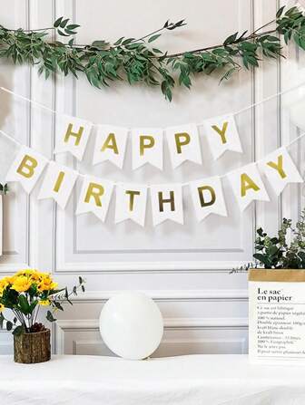 1pc Happy Birthday Decorative Pull Flag, Includes White & Gold Paper Hanging Banner, For Birthday Party Background Decor, Suitable For Women, Men, Girl, Boy Birthday