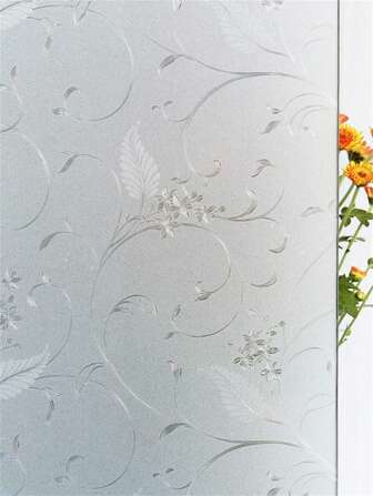 Privacy Window Film Etched Flowers Static Cling Glass Door Film, Non Adhesive Heat Control Anti UV Window Cling For Office And Home Decoration