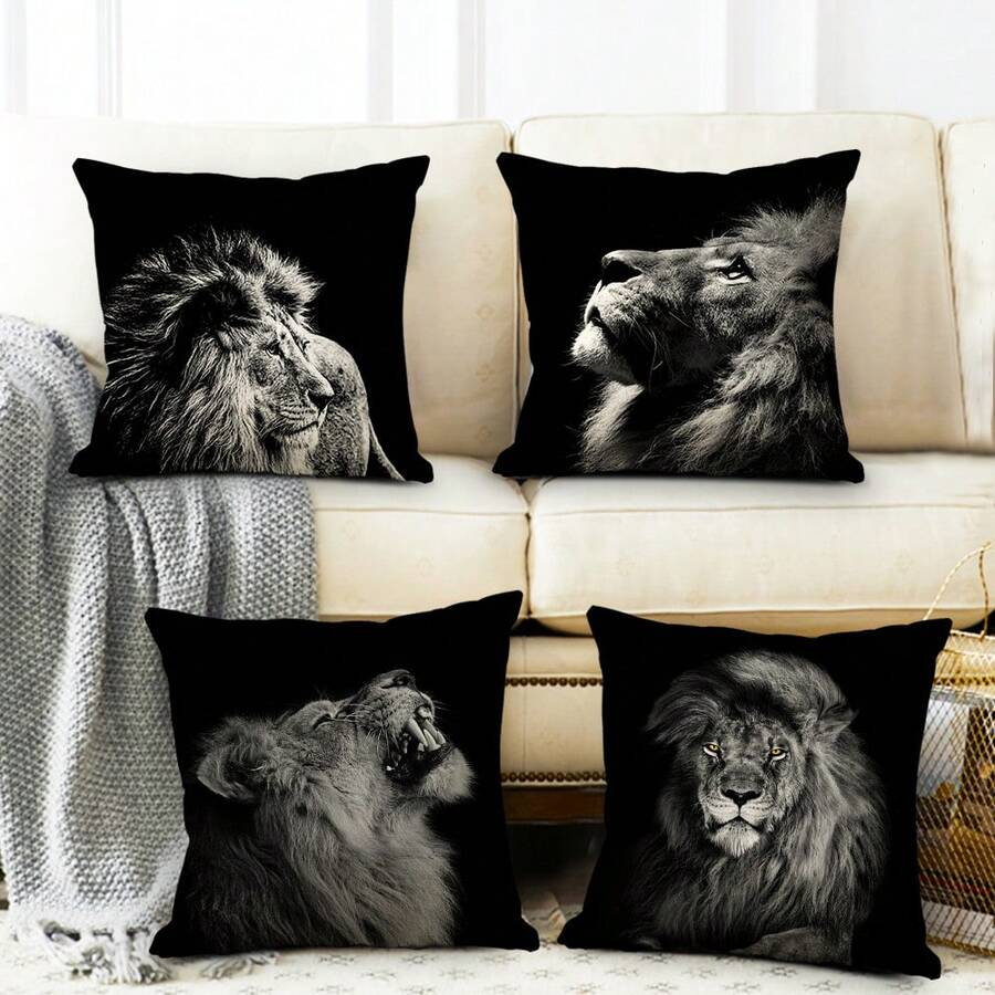Bộ 4 Vỏ Gối Ném Thời Trang Sư Tử, Hổ, Da Báo Vỏ Gối Trang Trí Vỏ Gối Sofa Đệm Ngoài Trời Cho Ghế Sofa Giường Ghế - Màu xám đen - Xem 1