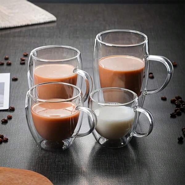1 pieza Taza de café de vidrio aislante de doble pared de 150 ml/250 ml/350 ml/450 ml, taza con diseño de flor con asa,perfecta para espresso, jugo, leche, té, fabricada con vidrio borosilicato, gran regalo de cumpleaños