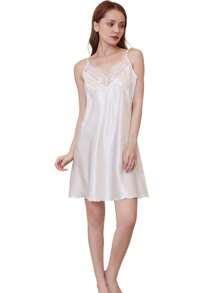 Vestido tipo camisola sedoso y sexy de talla grande para mujer con detalle de encaje y cuello en V, para el verano - Champán - Ver 1