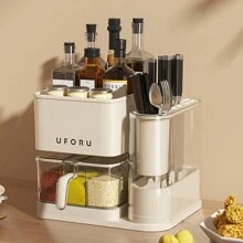 LIVINGANDHOME Living And Home 3-In-1 Free-Standing Kitchen Seasoning Box Spice Rack,Knife Block Holder,Cutlery Rack,Kitchen Storage Rack Shelf For Spice,Knives,Cutlery - Milk White - View 1