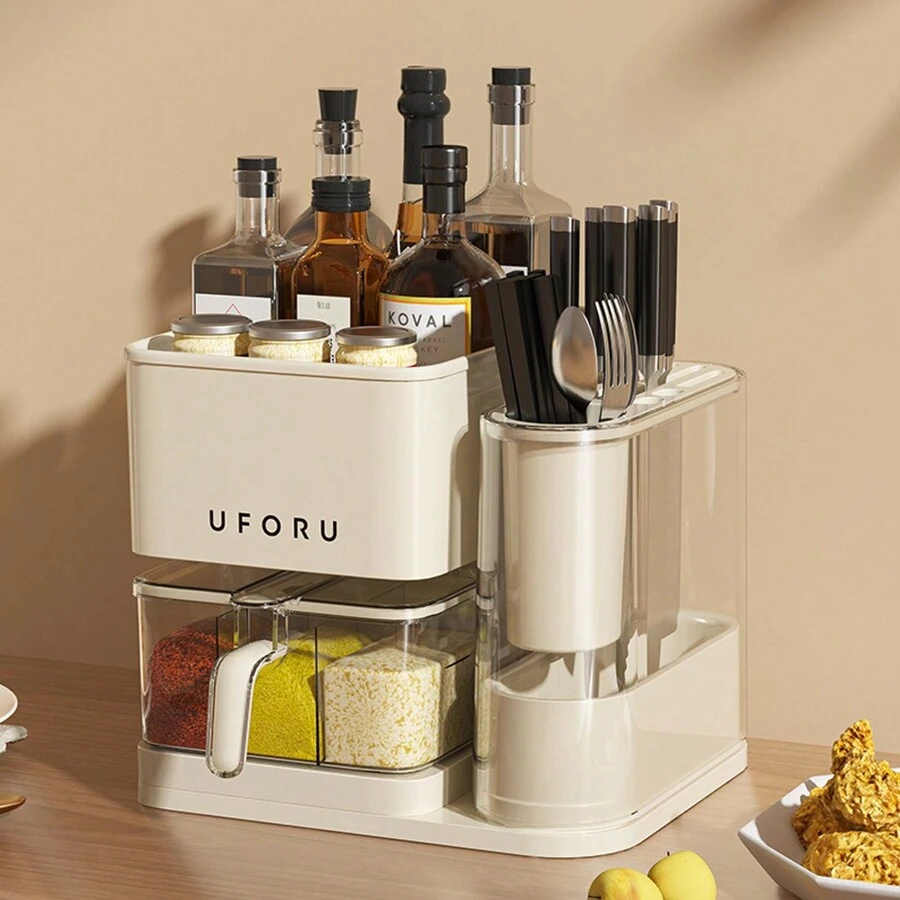 LIVINGANDHOME Living And Home 3-In-1 Free-Standing Kitchen Seasoning Box Spice Rack,Knife Block Holder,Cutlery Rack,Kitchen Storage Rack Shelf For Spice,Knives,Cutlery - Milk White - View 1