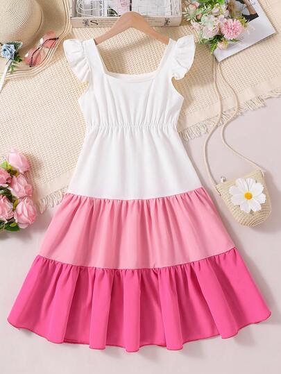 Vestido sin mangas decorado con volantes y ribetes en contraste para niñas adolescentes en verano