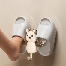 1入浴室拖鞋掛架牆掛式收納組織器，可放置鞋子和洗漱用品，帶排水孔，無需鑽孔安裝 - 黑色 - 查看 4