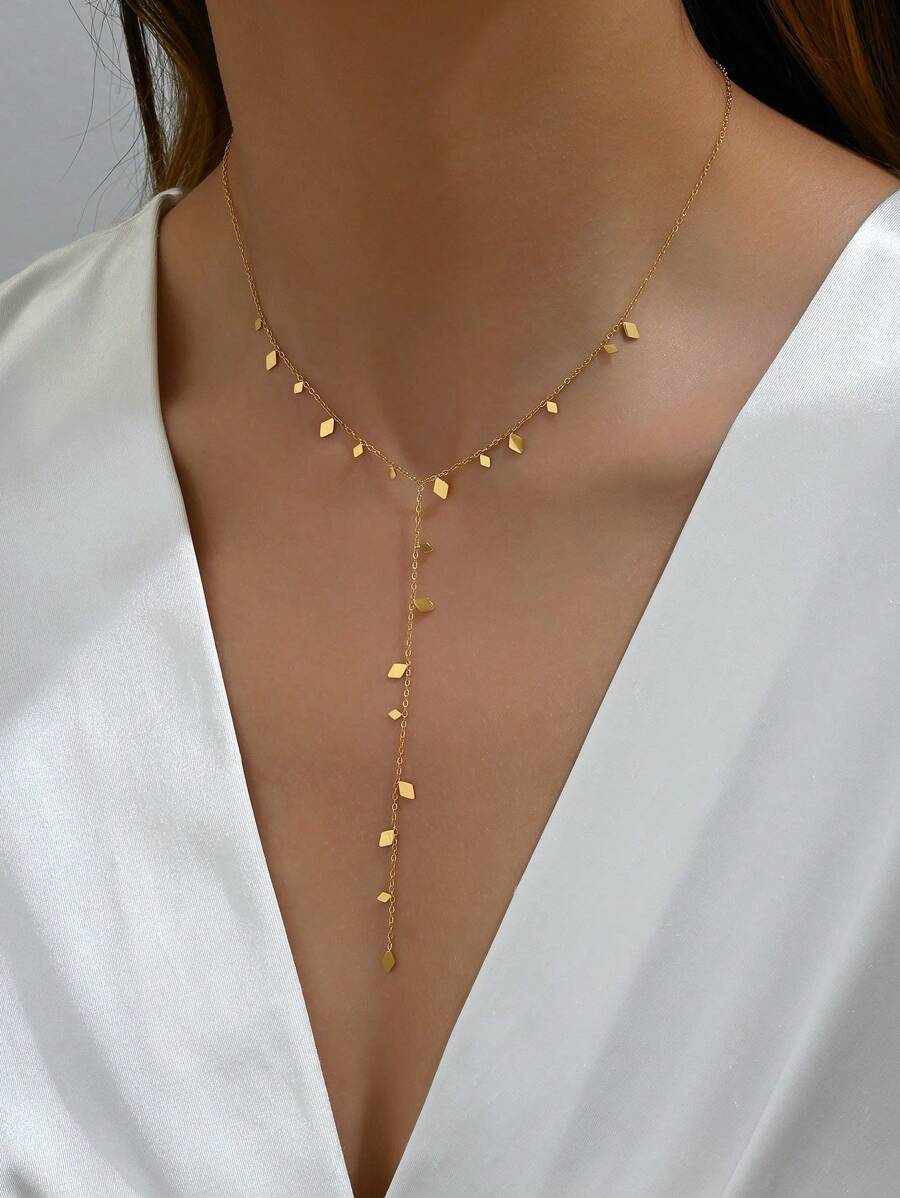 1pc 18k Gold Plated Y-Shaped Chain Geometric Pendant Stainless Steel Women Necklace - Yellow Gold - View 1