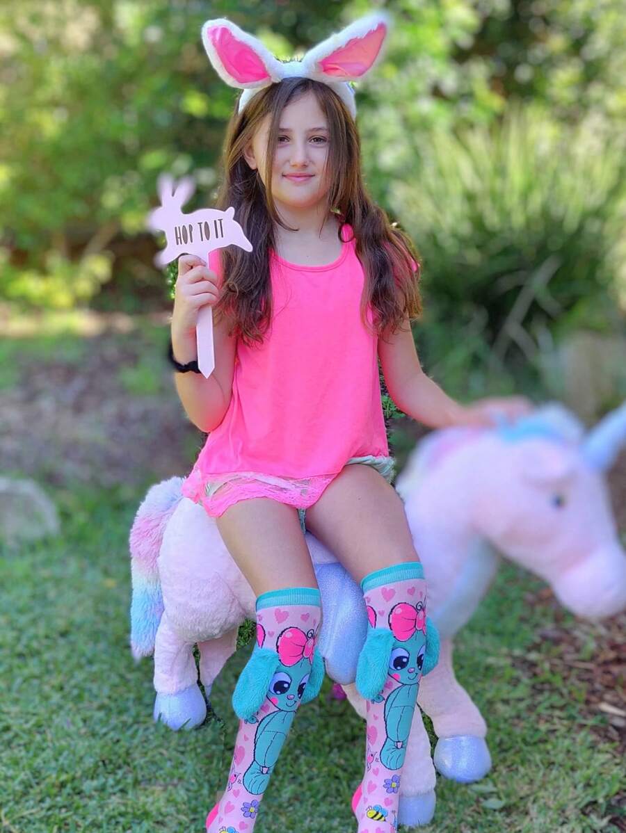 CRAZY CHILDREN'S SOCK, UNICORN, DINOSAUR, PUPPY, RABBIT, KANGAROO - Teal Blue - View 1