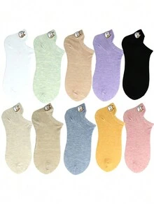 Set Of 5 Pairs Women Cute Embroidered Cat Ear Socks In Solid Color - Multicolor - View 2