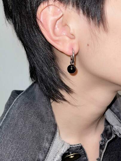 1 Pair Stainless Steel Hoop Earrings With Black Acrylic Beaded Pendant For Men, Hip Hop Style Accessories For Two-Style Wearing