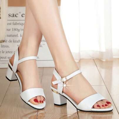 女式夏季時尚高跟白色開趾帶扣涼鞋（大尺寸）