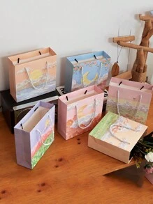 6pcs Mixed-Design Oil Painting Gift Bags, Paper Shopping Bags, Suitable For Birthday Gift Packaging