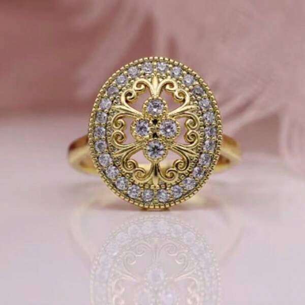 1 pezzo Anello vintage con fiore traforato e zirconi quadrati, adatto per matrimonio, festa, fidanzamento, gioielli, regalo per donne, San Valentino, mamma, madre, festa della mamma