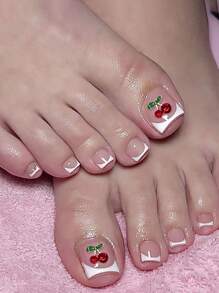 24 piezas de uñas postizas de dedos de los pies cuadradas cortas, diseño simple y dulce de flores de cinco pétalos con corona francesa blanca y piedras brillantes incrustadas, adecuado para que las mujeres lo usen en reuniones diarias - Multicolor - Ver 1
