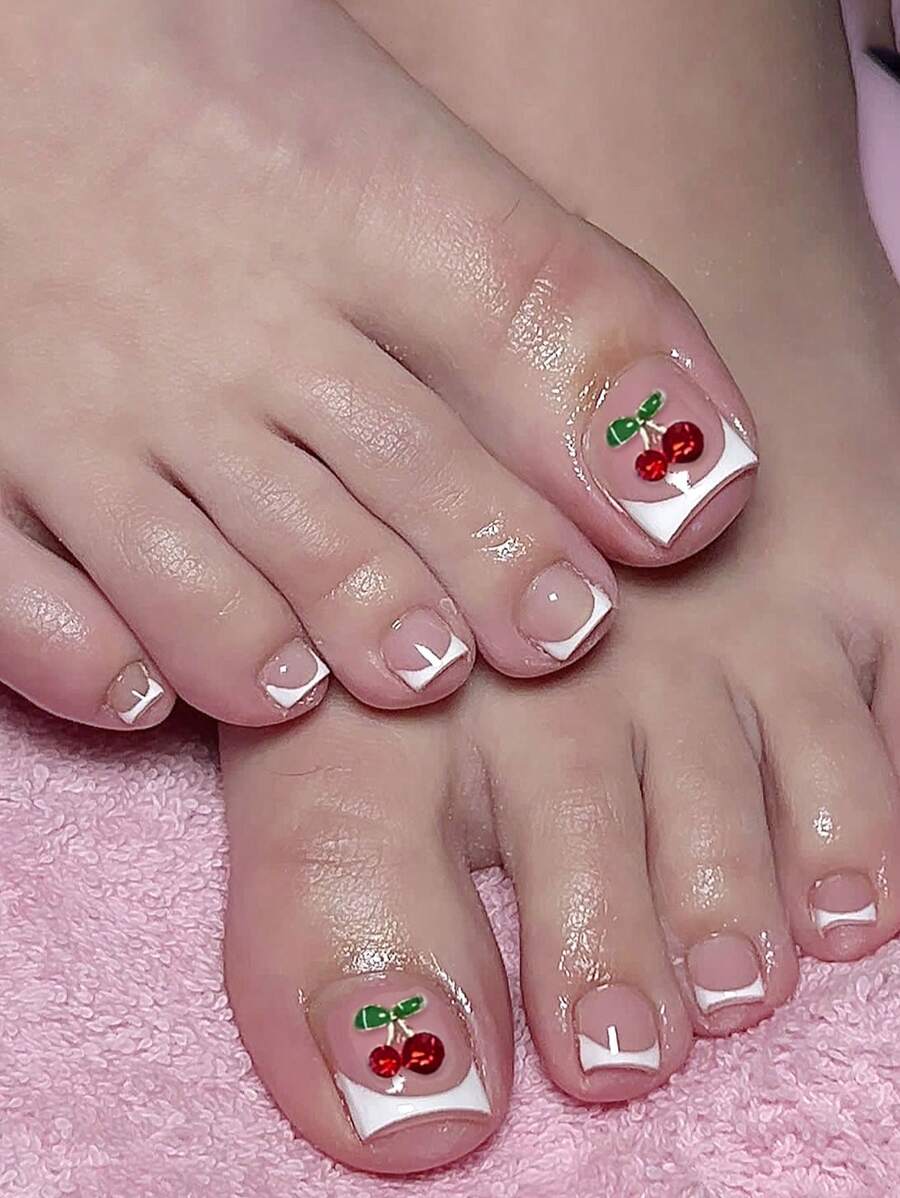 24 piezas de uñas postizas de dedos de los pies cuadradas cortas, diseño simple y dulce de flores de cinco pétalos con corona francesa blanca y piedras brillantes incrustadas, adecuado para que las mujeres lo usen en reuniones diarias - Multicolor - Ver 1