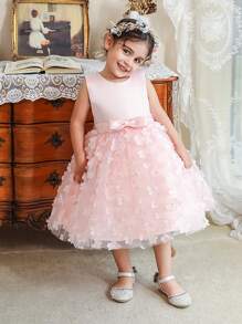 Vestido de Tule com Laço na Cintura com Contraste Floral para Meninas, Elegante e Fofo para Passeio