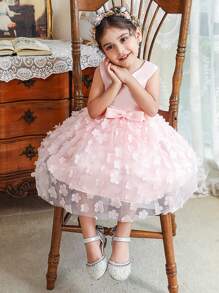 Vestido de Tule com Laço na Cintura com Contraste Floral para Meninas, Elegante e Fofo para Passeio