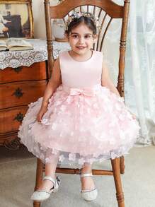 Vestido de Tule com Laço na Cintura com Contraste Floral para Meninas, Elegante e Fofo para Passeio