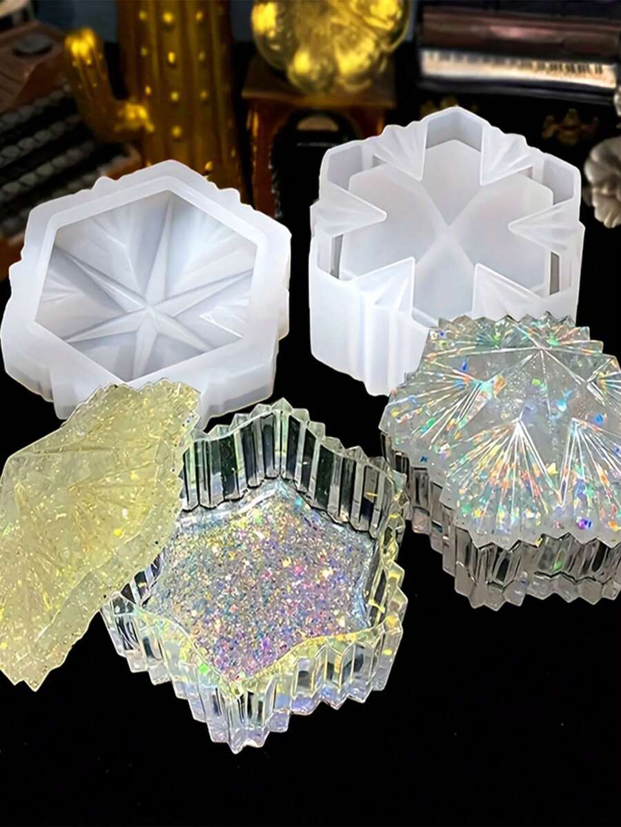 1 套雪花盒树脂模具珠宝盒带盖硅胶模具储物盒环氧铸造模具 DIY 糖果架配件收纳盒