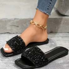 女士一脚蹬水晶钻平底优雅舒适休闲时尚凉鞋 - 黑色 - 查看 4