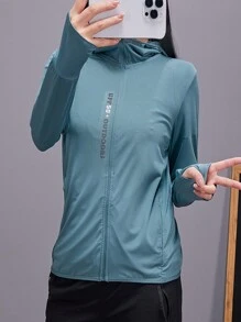 Women Spring Summer Letter Print Zipper Collar Thin Breathable Hooded Sun-Proof Jacket