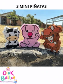 3 MINI Piñatas-Dulceros Granja Vaca Torito Cerdito Decoración Fiesta - Negro - Ver 2