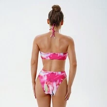 2024 Latest European & American Style Printed Halter Bikini Sets With Cover Up Skirt - Hot Pink - View 6