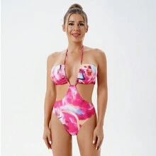 2024 Latest European & American Style Printed Halter Bikini Sets With Cover Up Skirt - Hot Pink - View 5