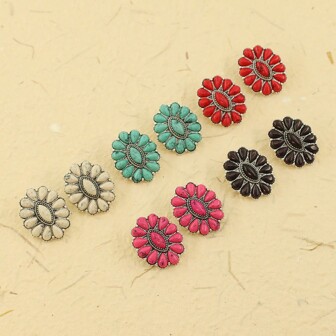 2pcs Vintage Bohemian Style Antique Silver Plated Oval Water Drop Shaped Earrings Inlaid With Colorful Turquoise Stone, Western Cowboy Fashion Jewelry For Women, Gift