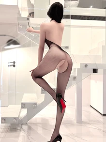 1pc Women's Black Open-Back Halter Neck Lace Teddy Jumpsuit, Sexy Sheer Fishnet Lingerie, Suitable For Nightclub, Couple's Date, Honeymoon For Rave - Black - View 3