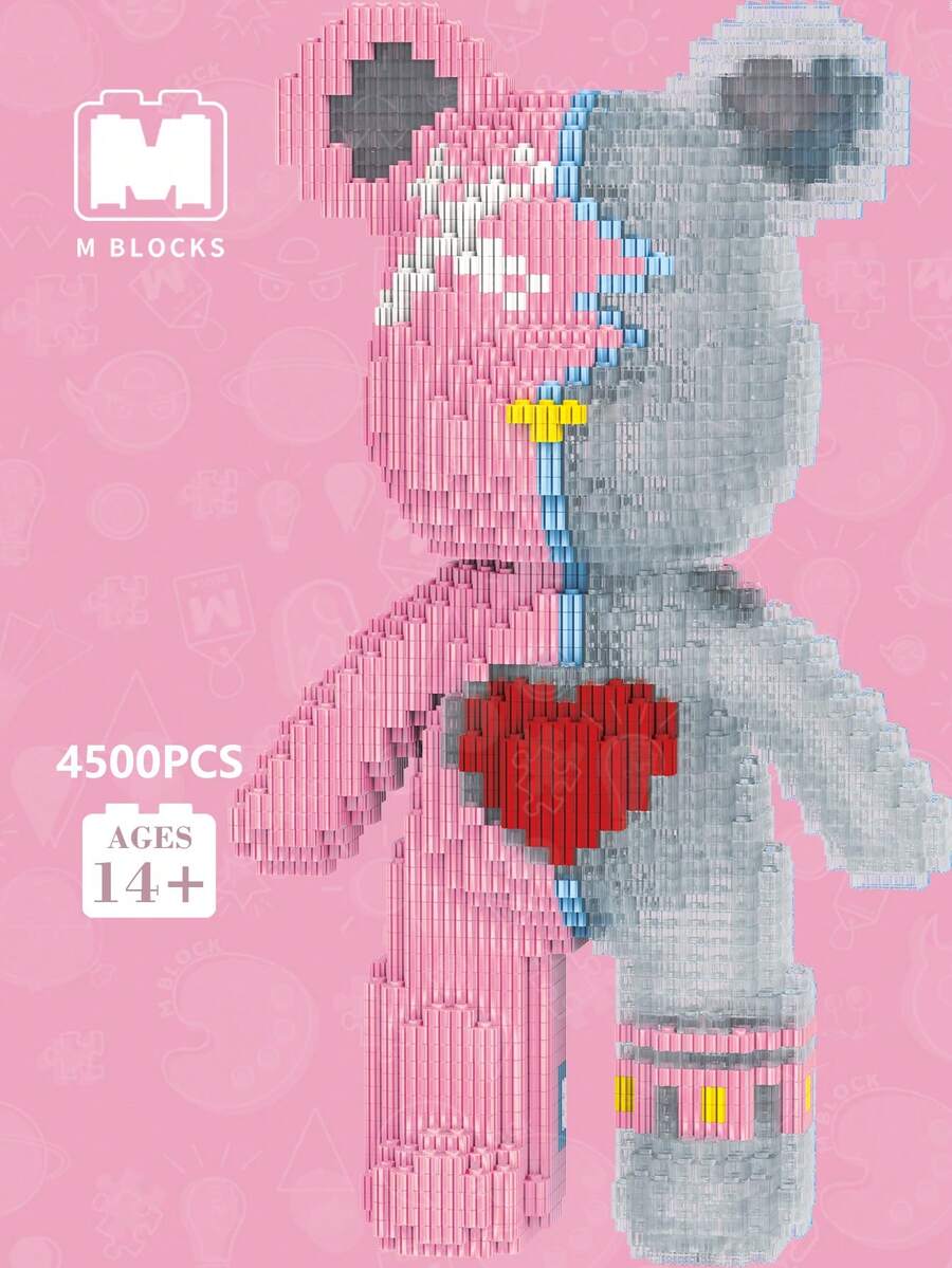 3680pcs DIY Mini Building Blocks Model Kit, Puzzle Assemble Broken Heart Bear, High-Quality Material With Assembly Hammer, Creative Toy Gift Room Decoration - Pink - View 1
