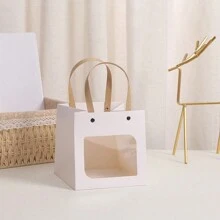 5/12 Pcs Transparent Window Flower Packaging Box/Bag Square Handbag Kraft Paper Gift Bag For Birthday Gifts - Brown - View 3