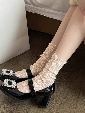 1 Pair Women Beige Lace Ruffle Socks Thin Mesh Mid-Calf Socks With Floral Edge Fairy Short Stockings Glass Socks For Summer