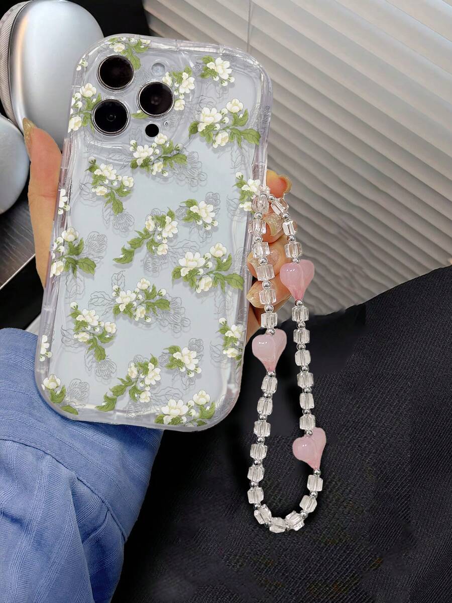 濃稠綠葉和白色花卉圖案手機殼，帶有心形珠串，適用於iPhone，Galaxy，小米Redmi - 彩色 - 查看 1