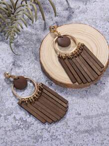 圓圈裝飾木頭流蘇耳墜 - 咖啡棕 - 查看 4