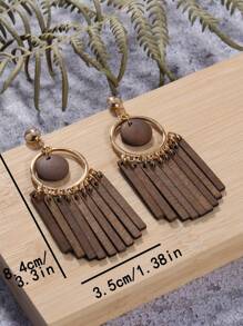 圓圈裝飾木頭流蘇耳墜 - 咖啡棕 - 查看 5