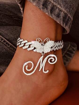 15mm Silver  Link Anklets For Women Cursive Pendant Miami  Link Chain Ankle Bracelets For Women Hip Hop Iced Out Letter Chain Anklet