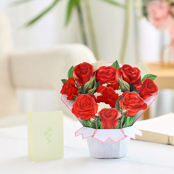 1pc Flower Bouquet Greeting Card Valentines Card,Anniversary Gift,Gift For Her(Including 1 Envelope + 1 Handwritten Card + 1 3d Greeting Cards)