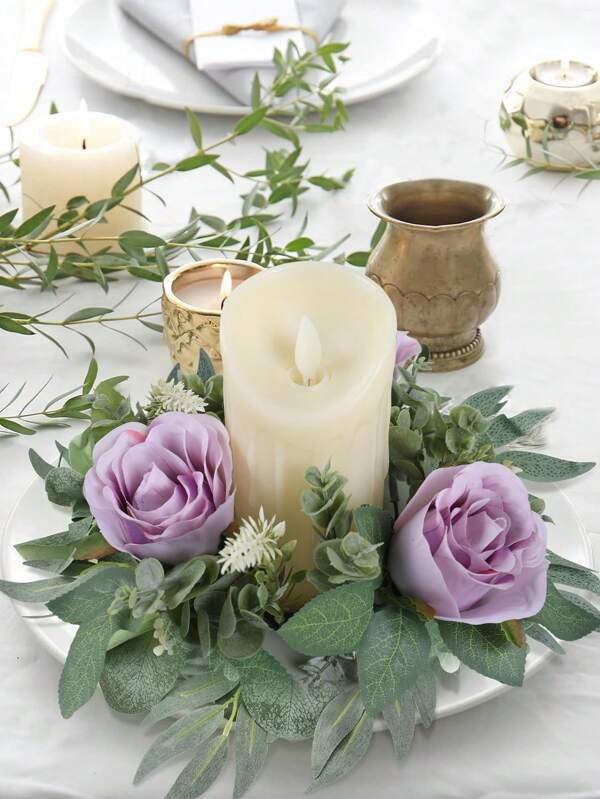 1/4 pièces Porte-bougie en fleurs artificielles pour la décoration de table, couronne de bougie, décoration de fête et décoration de la maison, décoration de table de fête, décoration de mariage, accessoires de photo d'intérieur, décoration de salon, décoration de chambre à coucher, décoration de mariage