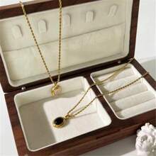VKHK 1 Pc Vintage 18K Gold Plated Stainless Steel Black White Gem Stone Oval Pendant Necklace For Women Men Fashion Couple Jewelry Gift