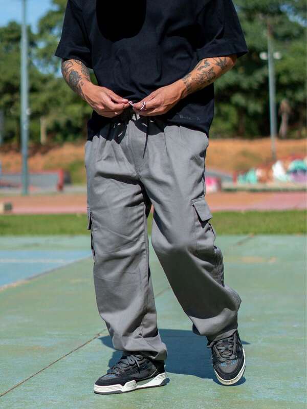 Calça Cargo Masculina Skate Elastico Cintura 6 Bolsos Folgada Balão