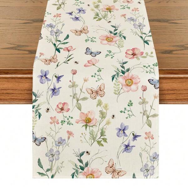 1 pieza Corredor de mesa primaveral con orquídeas y flores silvestres, decoración de mesa de comedor de verano estacional con mariposas para fiestas en el hogar