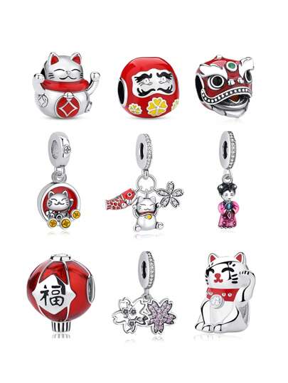 Silver-Plated And Zirconia-Crusted Chinese & Japanese Style Lucky Cat, Lion Dance & Daruma Beaded Pendant Suitable For DIY Bracelet, Necklace And Gifts For Festivals And Birthday