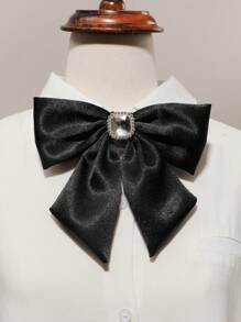 1pc Casual Fashion Solid Color Black/White Ribbon Bow Tie With Pearls, Suitable For Dates Or Parties Matching